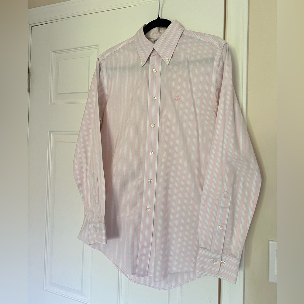 BROOKS BROTHERS SUPIMA COTTON Pink with White/Light Blue Stripes Men's Shirt